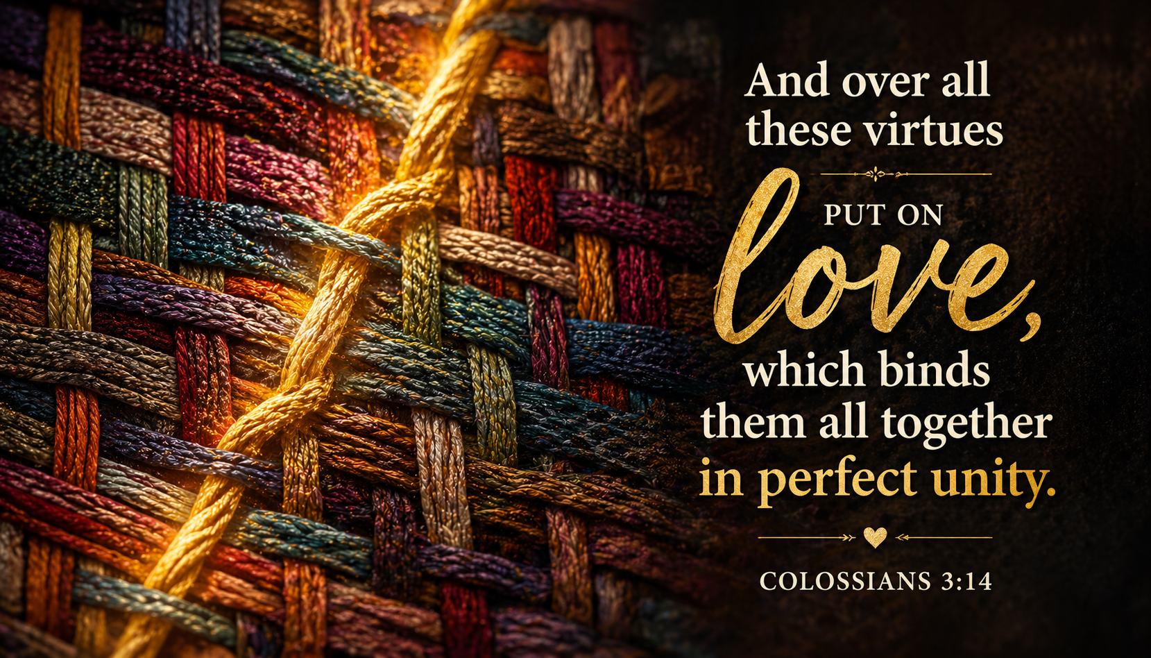 Colossians 3:14 verse on close-up of colorful woven fabric with golden binding thread pattern